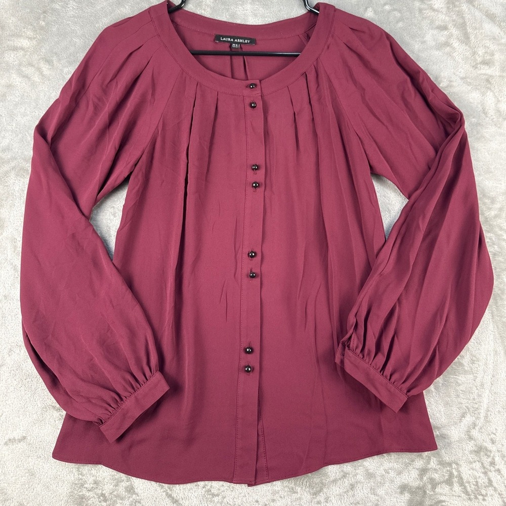 Laura Ashley Blouse Womens Small Burgundy Pleated Balloon Sleeve EUC